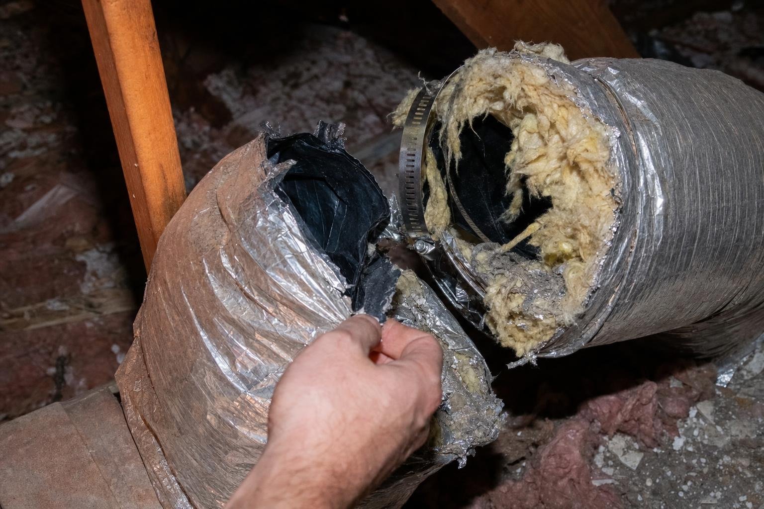 leaky flex duct connection in attic causing AC not cooling in home