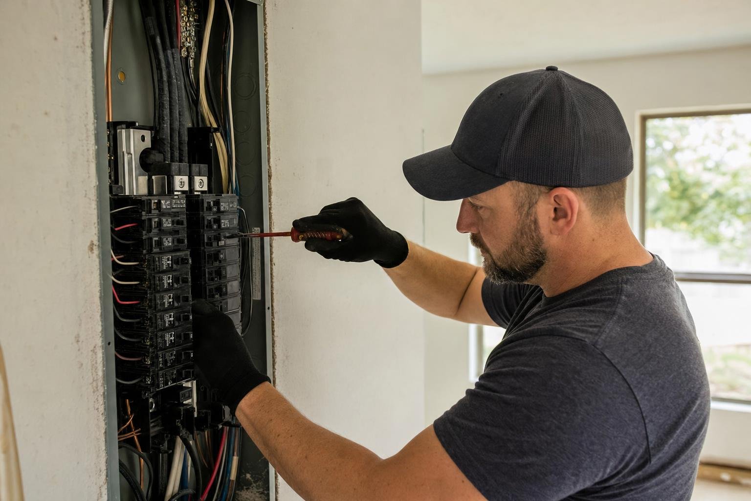 electrician checking electrical wiring in North Texas attic during panel upgrade assessment